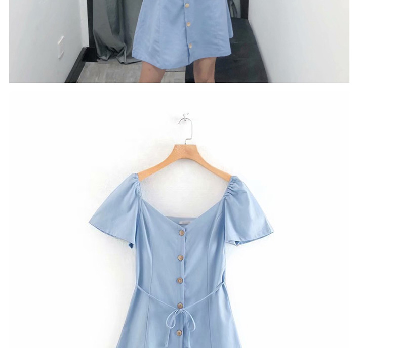 Fashion Blue V-neck Single-breasted Dress,Mini & Short Dresses