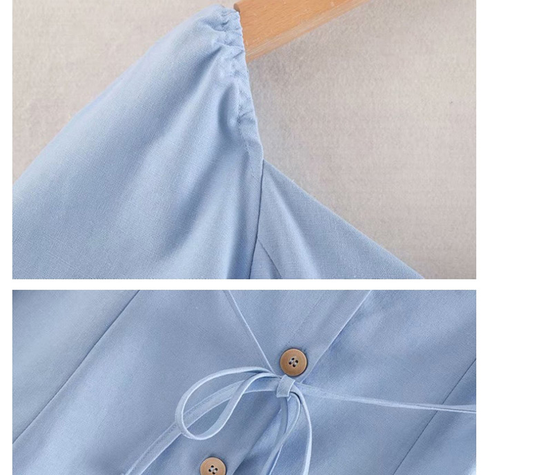Fashion Blue V-neck Single-breasted Dress,Mini & Short Dresses