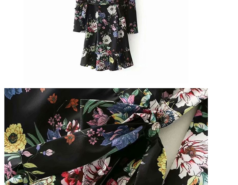 Fashion Black Floral Print V-neck Dress,Mini & Short Dresses