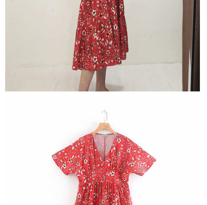 Fashion Red Flower Print V-neck Dress,Long Dress