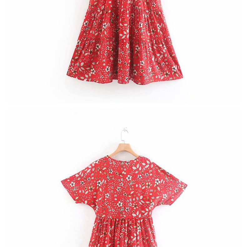 Fashion Red Flower Print V-neck Dress,Long Dress
