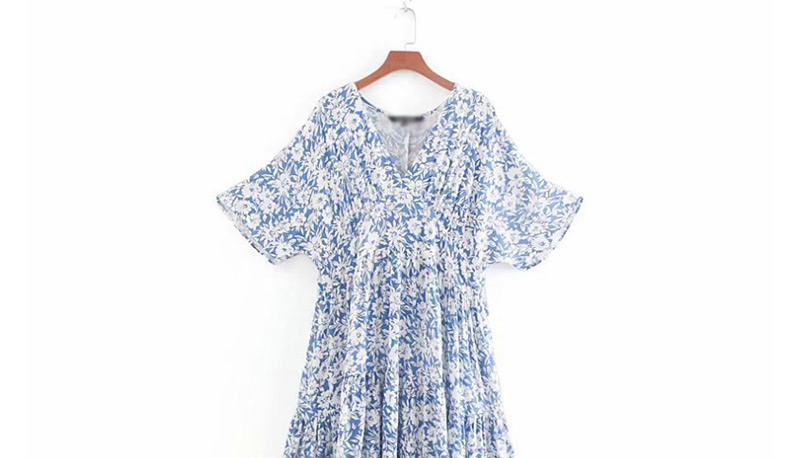 Fashion Blue Flower Print V-neck Dress,Long Dress