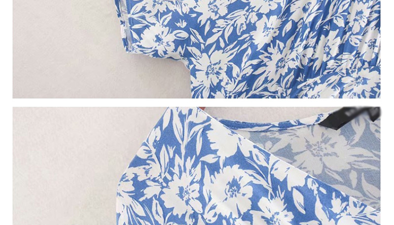 Fashion Blue Flower Print V-neck Dress,Long Dress
