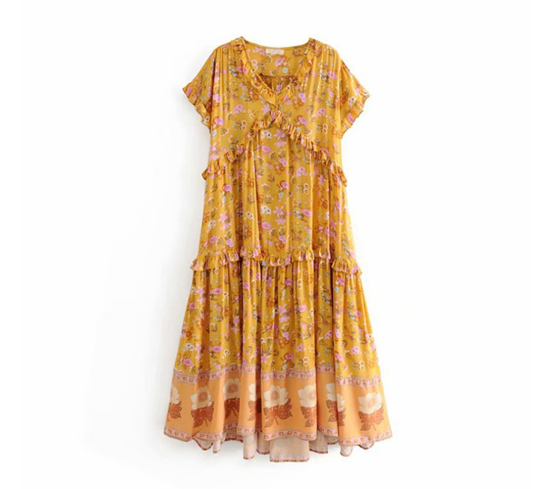 Fashion Yellow Human Cotton Flower Print Small Flying Sleeve Dress,Long Dress