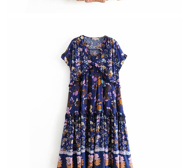 Fashion Blue Human Cotton Flower Print Small Flying Sleeve Dress,Long Dress