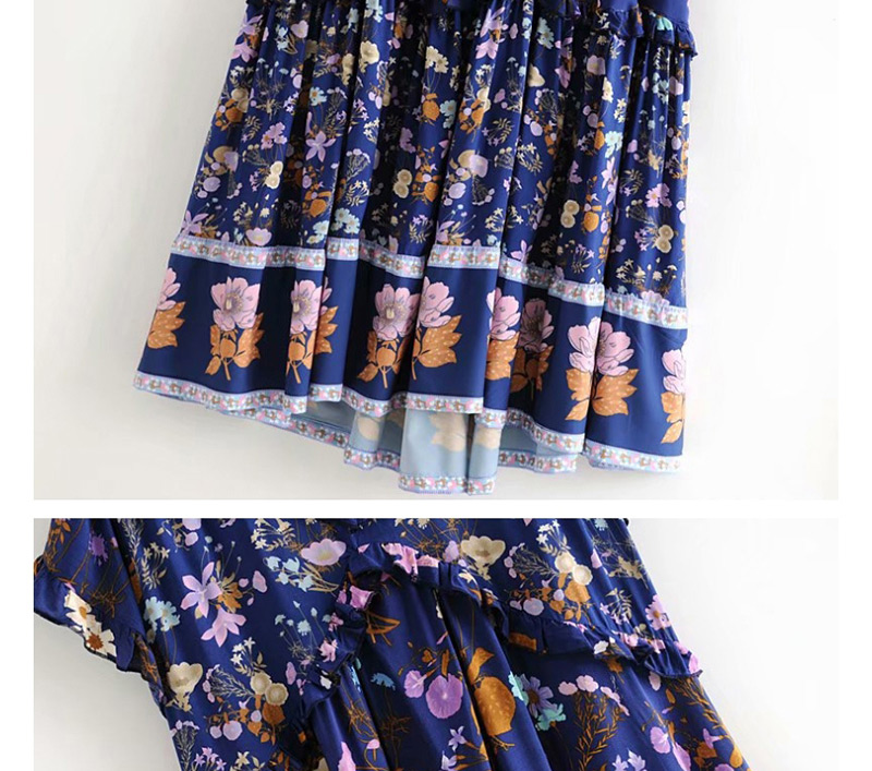 Fashion Blue Human Cotton Flower Print Small Flying Sleeve Dress,Long Dress