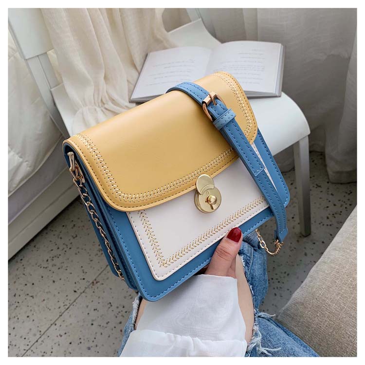 Fashion Blue Pu Contrast Color Stitching Shoulder Messenger Bag,Shoulder bags