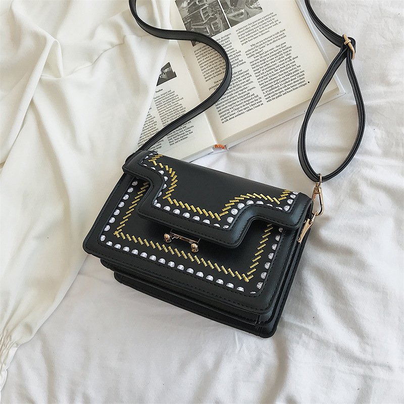 Fashion Black Embroidered Stitching Contrast Color Shoulder Bag,Shoulder bags