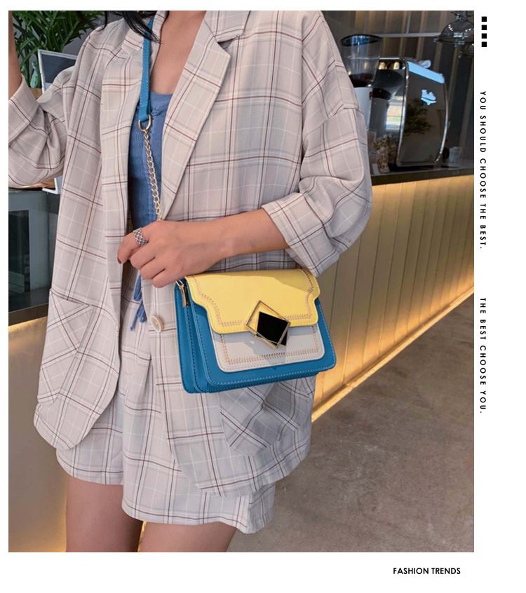 Fashion Blue Contrast Geometric Square Buckle Shoulder Messenger Bag,Shoulder bags