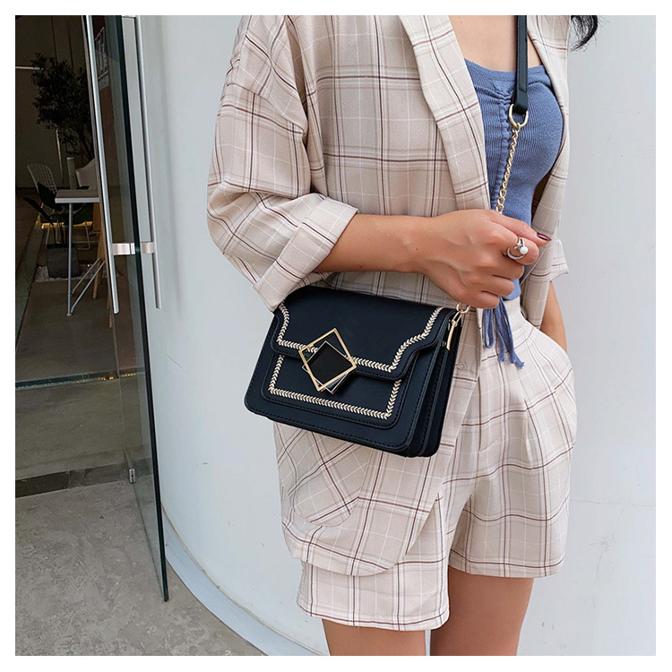 Fashion Khaki Contrast Geometric Square Buckle Shoulder Messenger Bag,Shoulder bags
