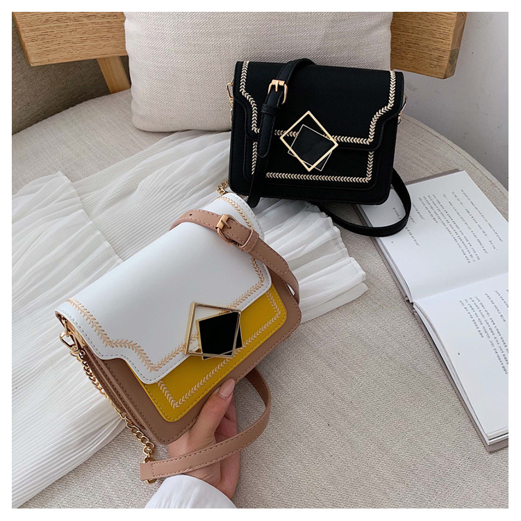 Fashion Khaki Contrast Geometric Square Buckle Shoulder Messenger Bag,Shoulder bags