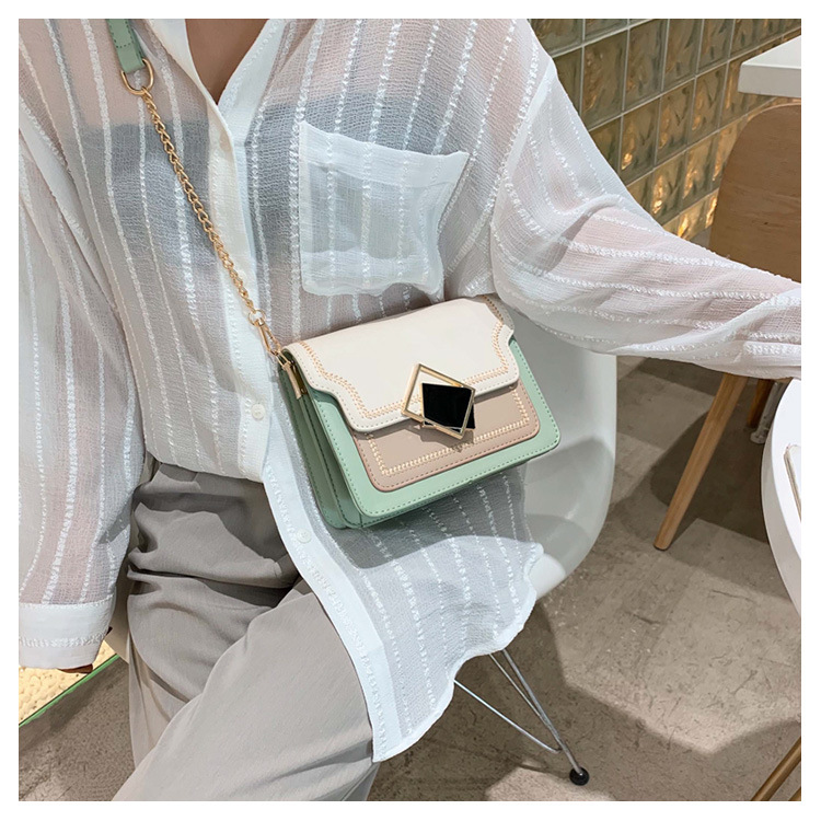 Fashion Matcha Green Contrast Geometric Square Buckle Shoulder Messenger Bag,Shoulder bags