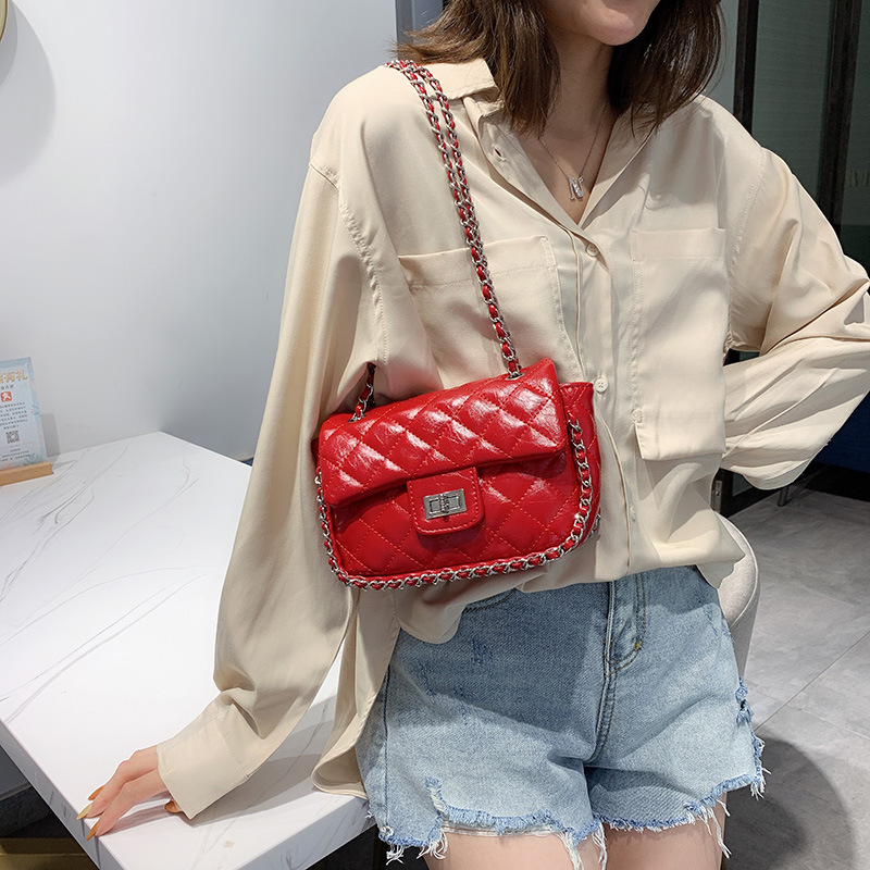 Fashion Red Single Shoulder Slung Rhombic Chain Bag,Shoulder bags