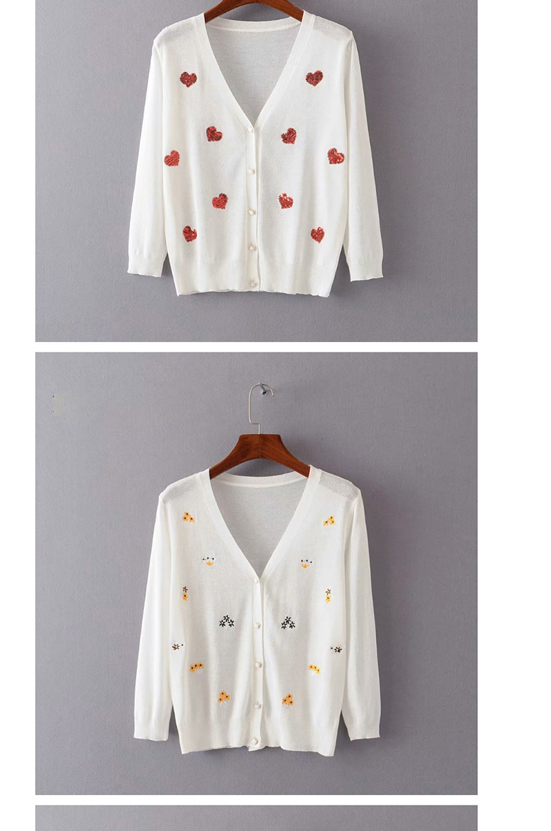 Fashion Flower White Embroidered V-neck Buttoned Sunscreen Sweater,Sweater