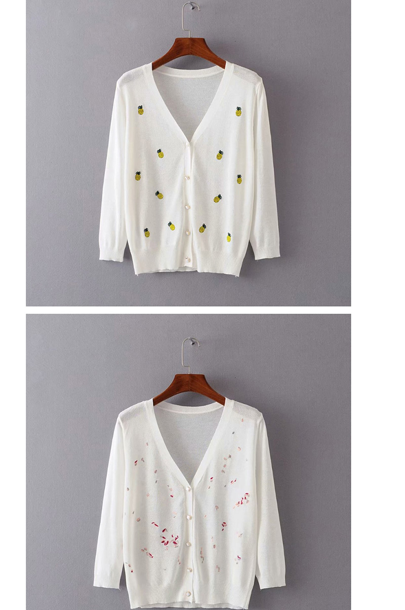 Fashion Flower White Embroidered V-neck Buttoned Sunscreen Sweater,Sweater