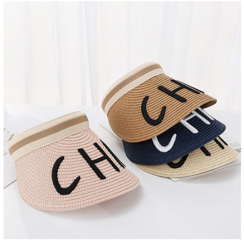 Fashion Navy Letter Embroidery Cha Empty Straw Hat,Sun Hats