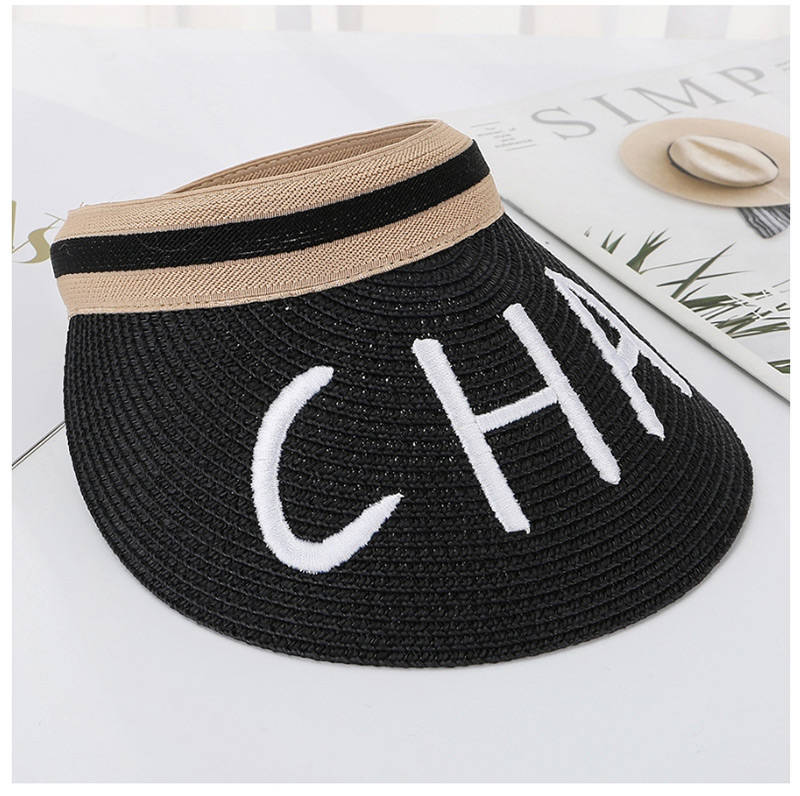 Fashion Light Brown Letter Embroidery Cha Empty Straw Hat,Sun Hats