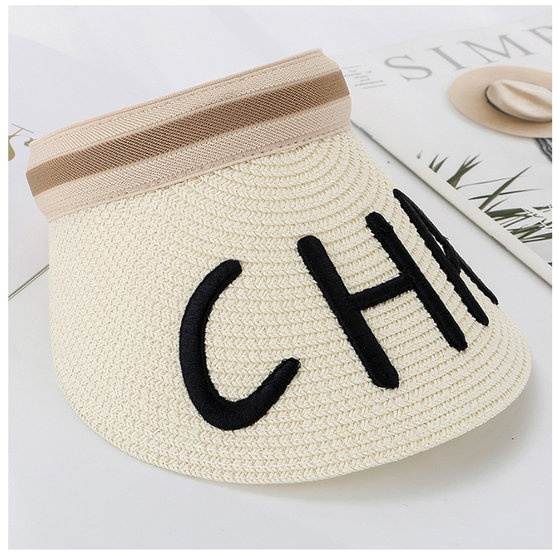 Fashion Navy Letter Embroidery Cha Empty Straw Hat,Sun Hats