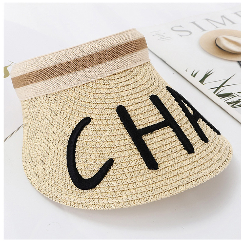 Fashion Black Letter Embroidery Cha Empty Straw Hat,Sun Hats