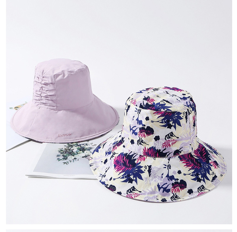 Fashion Beige Printed Double-sided Pleated Collapsible Basin Cap,Sun Hats