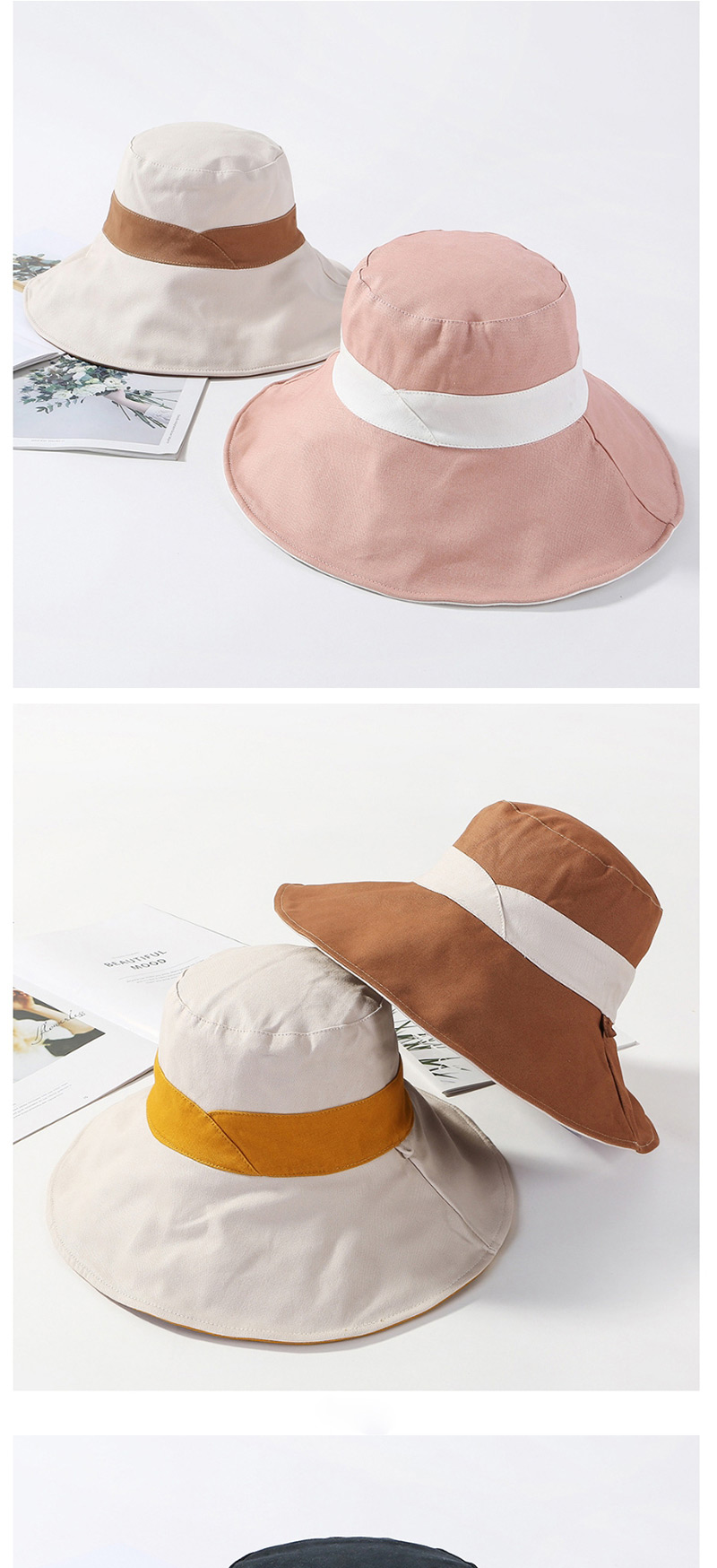 Fashion Beige Cotton Large Double-sided Color Matching Patch Fisherman Hat,Sun Hats