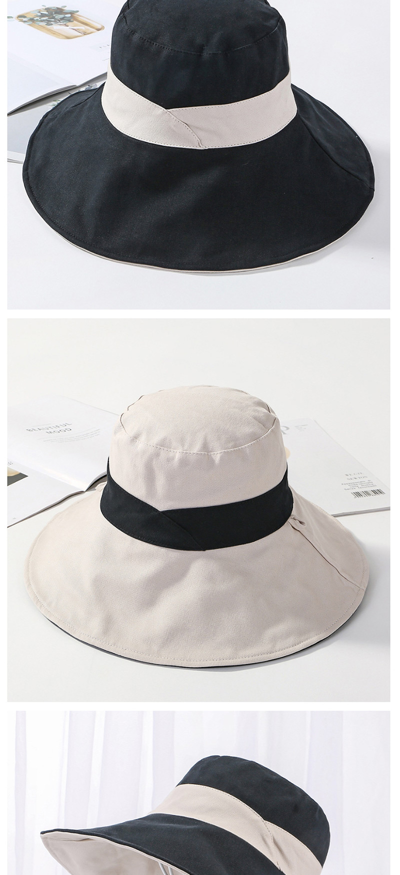 Fashion Black Cotton Large Double-sided Color Matching Patch Fisherman Hat,Sun Hats