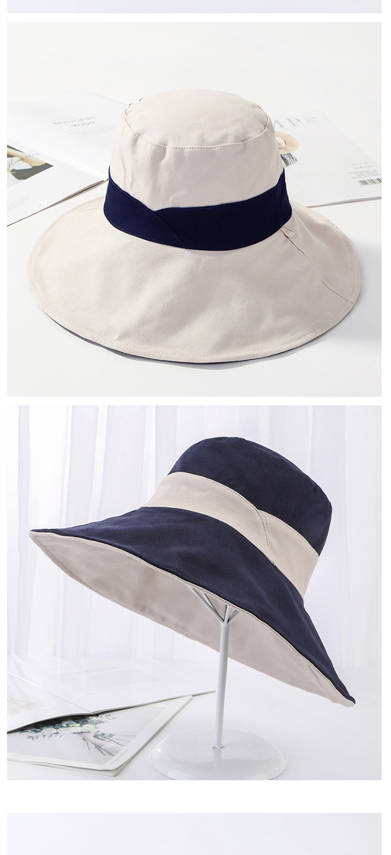 Fashion Navy Cotton Large Double-sided Color Matching Patch Fisherman Hat,Sun Hats
