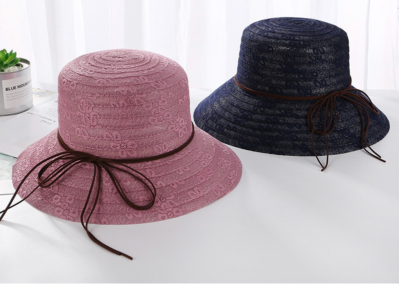 Fashion Navy Leather Rope Bow Double Layer Lace Basin Cap,Sun Hats