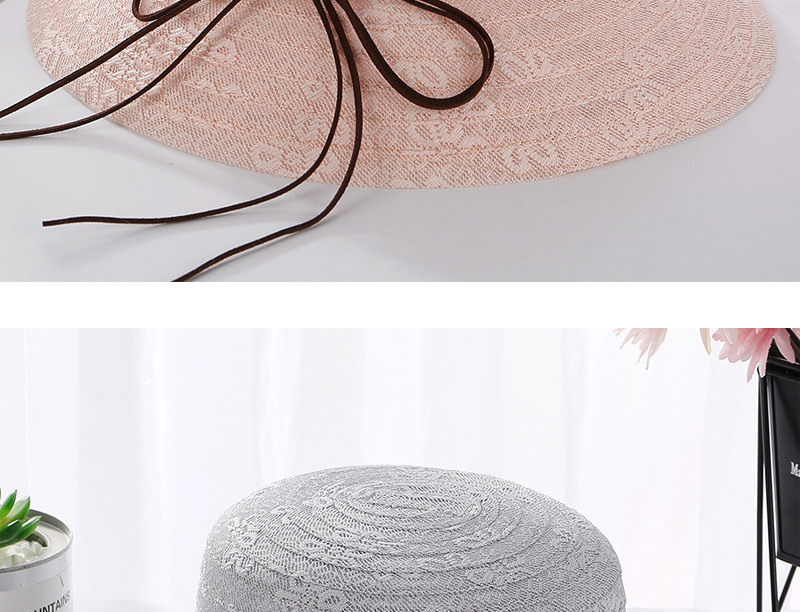 Fashion Gray Leather Rope Bow Double Layer Lace Basin Cap,Sun Hats