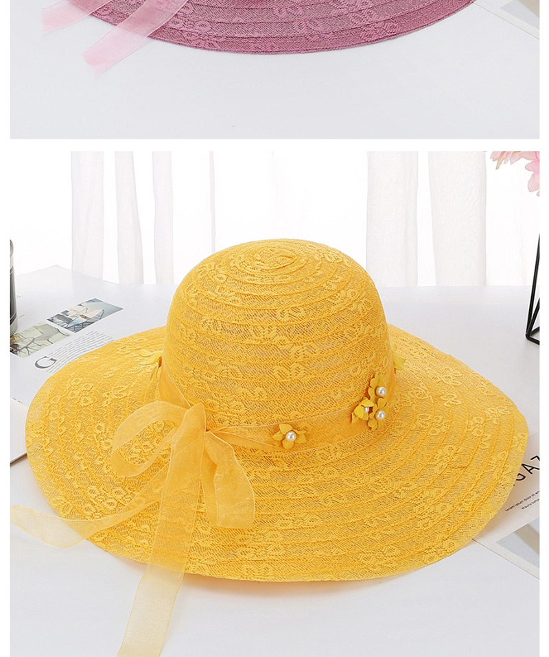 Fashion Yellow Tether Flower Pearl Big Double Layer Lace Sun Hat,Sun Hats