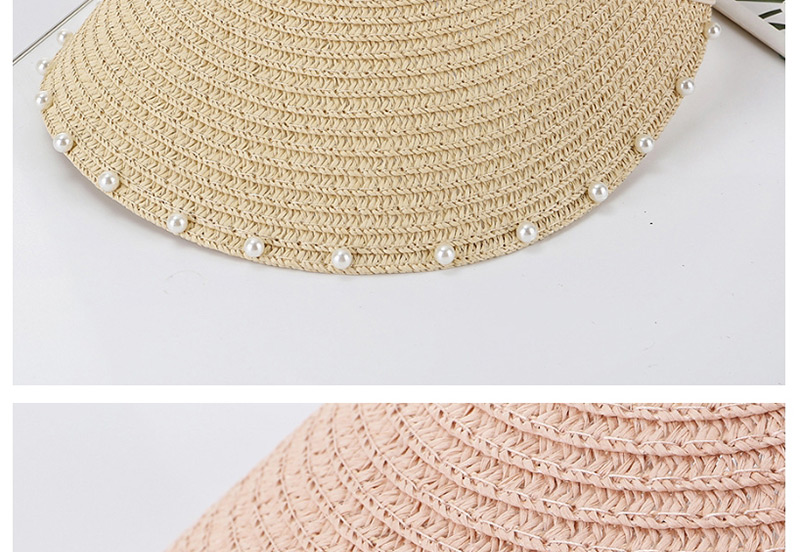 Fashion Beige Sewn Pearl Empty Straw Hat,Sun Hats