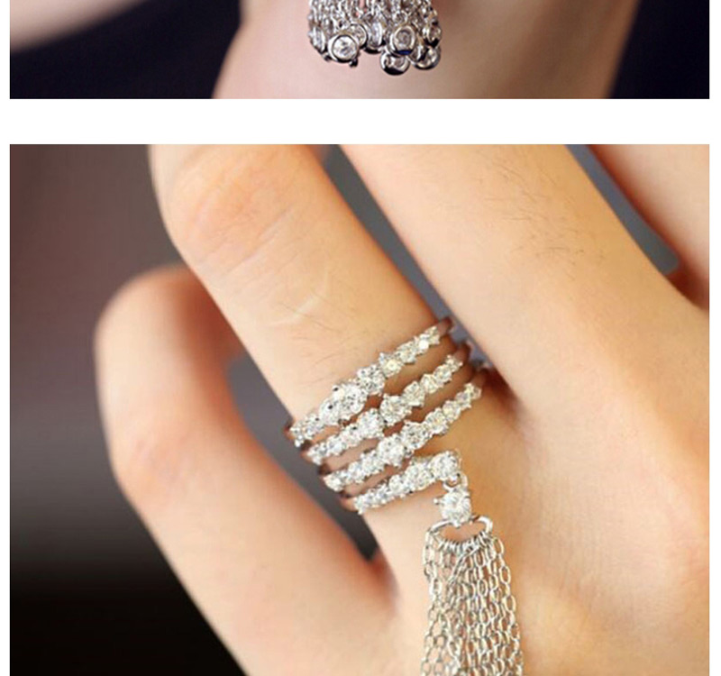 Fashion B Silver Copper Zircon Micro-set Tassel Opening Ring,Rings