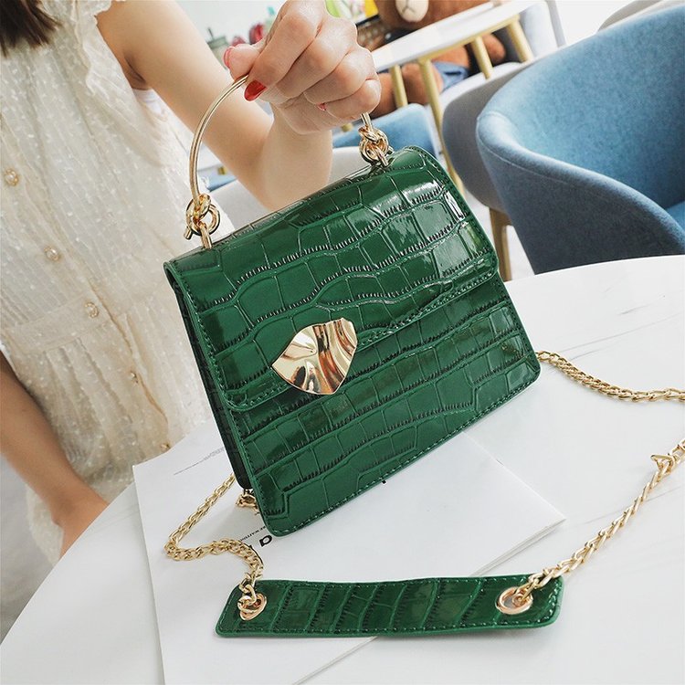 Fashion Green Stone-grained Buckle Shoulder-slung Tote,Handbags
