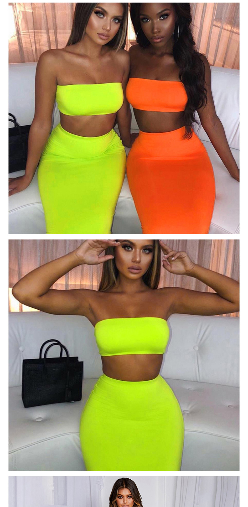 Fashion Fluorescent Yellow One Word Collar Umbilical Tube Top + High Waist Skirt Suit,Tank Tops & Camis