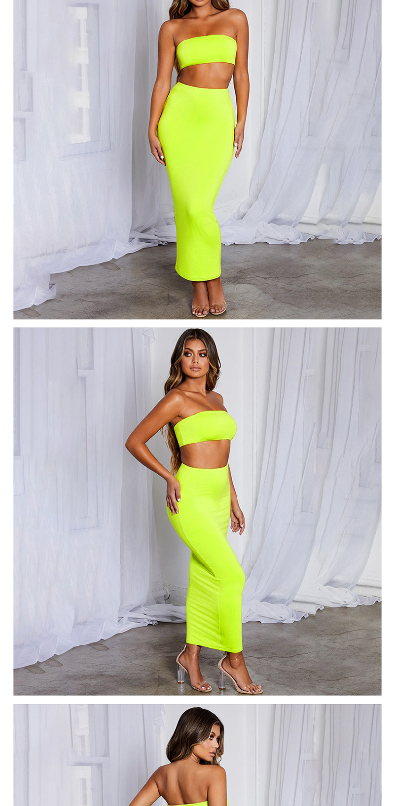 Fashion Fluorescent Yellow One Word Collar Umbilical Tube Top + High Waist Skirt Suit,Tank Tops & Camis