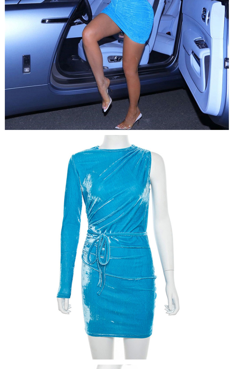 Fashion Blue One-shoulder Sleeve Round Neck Dress,Long Dress