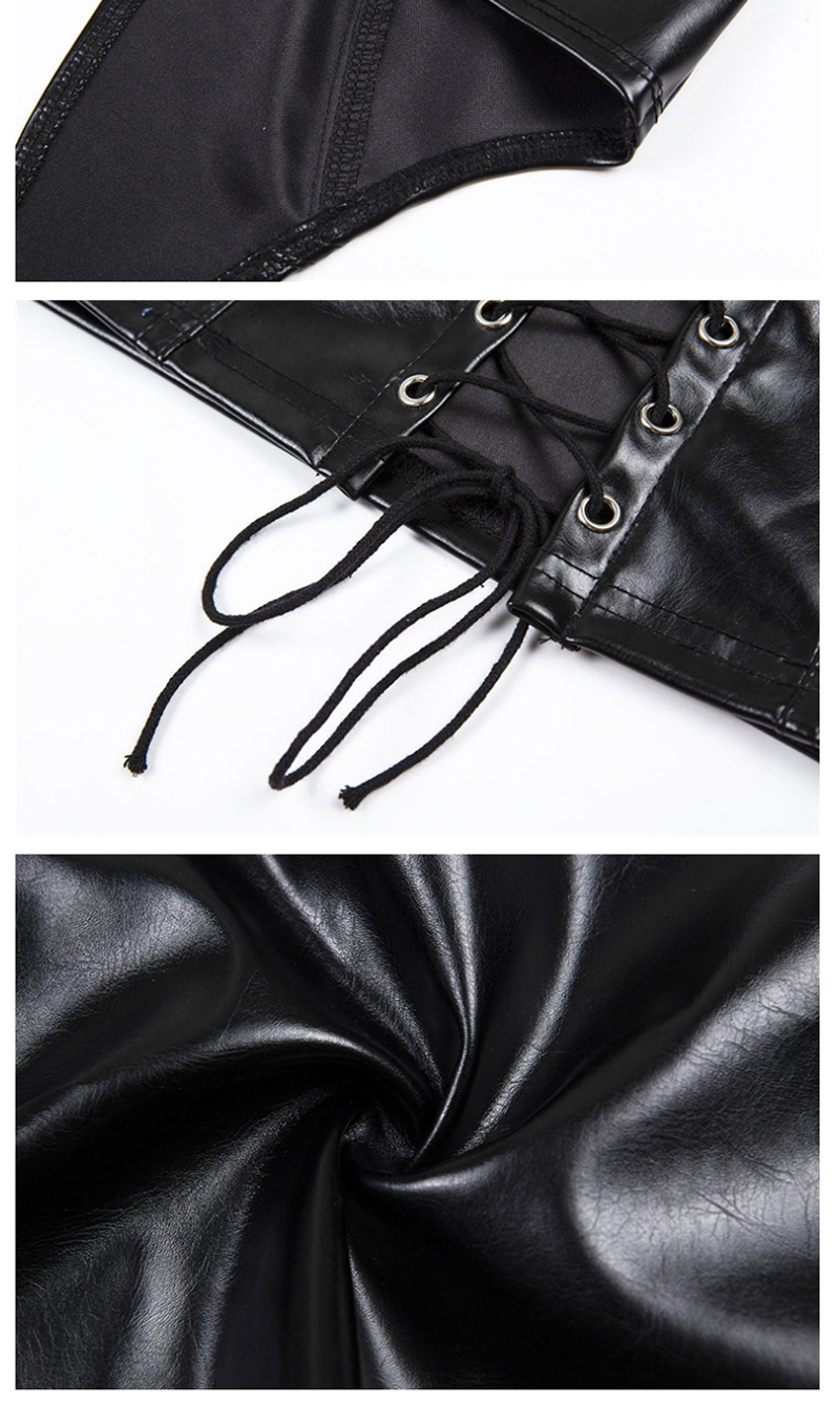 Fashion Black Halter Strap With Openwork Navel Pu Vest,Tank Tops & Camis