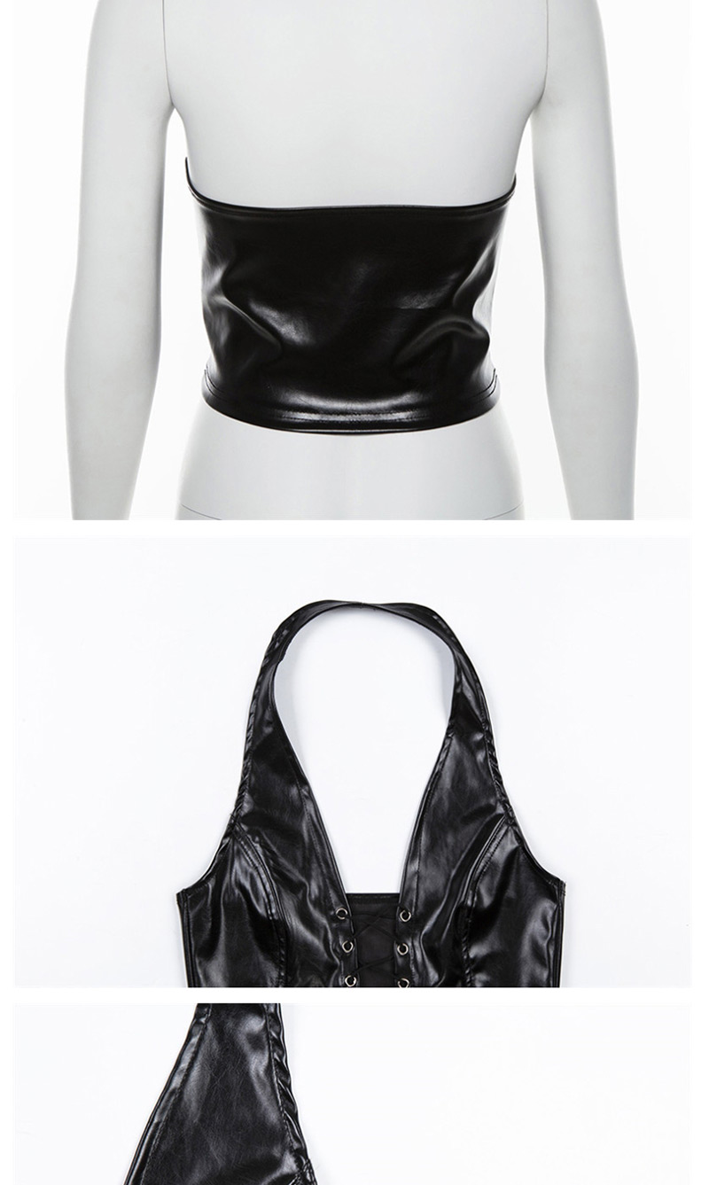 Fashion Black Halter Strap With Openwork Navel Pu Vest,Tank Tops & Camis