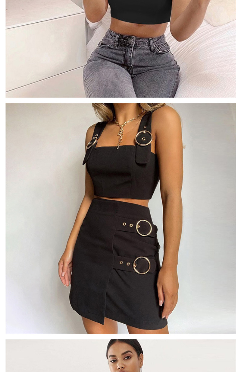 Fashion Black Strap One-shoulder Vest + High Waist Skirt Suit,Tank Tops & Camis