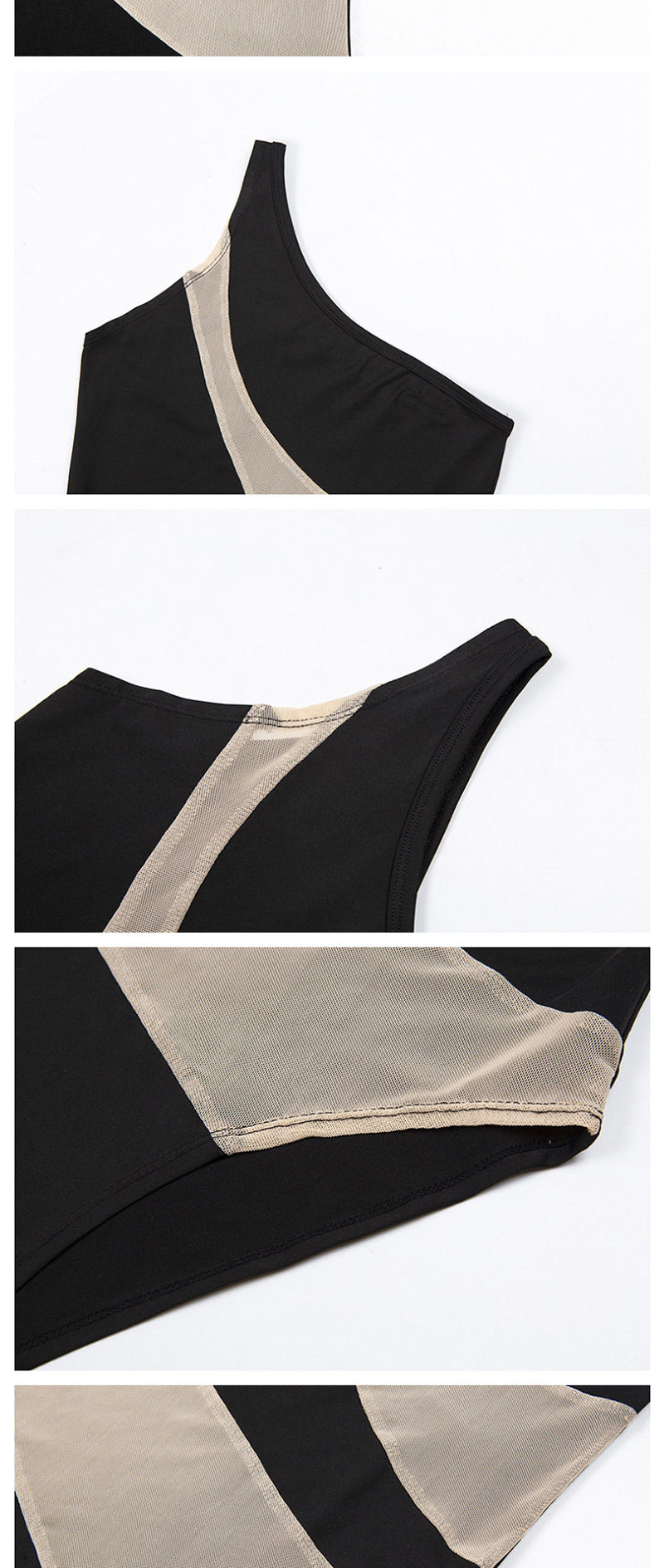 Fashion Black Contrast Stitching Single Shoulder Perspective Mesh Jumpsuit,One Pieces