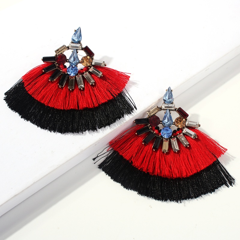 Fashion Red Black Alloy Studded Contrast Double Tassel Earrings,Stud Earrings
