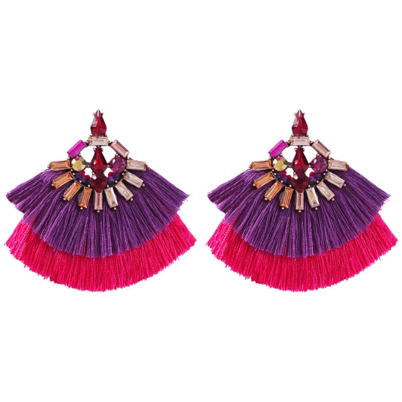 Fashion Purple + Rose Red Alloy Studded Contrast Double Tassel Earrings,Stud Earrings