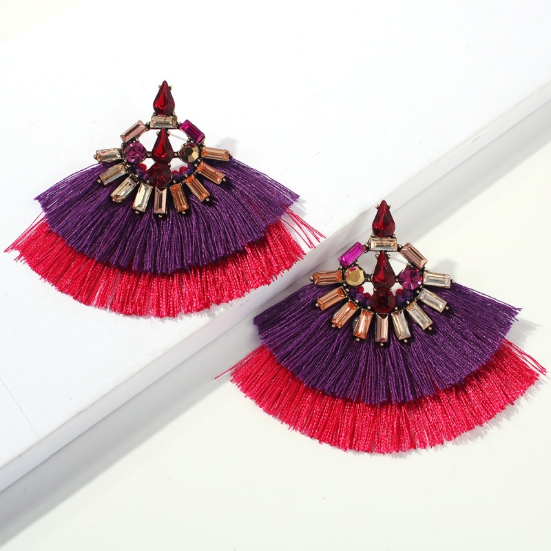 Fashion Purple + Rose Red Alloy Studded Contrast Double Tassel Earrings,Stud Earrings