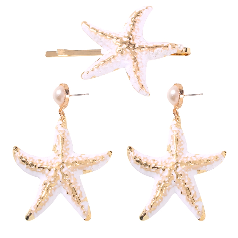 Fashion Shell Set Alloy Spray Painted Starfish Pearl Hairpin Earrings Set,Hairpins