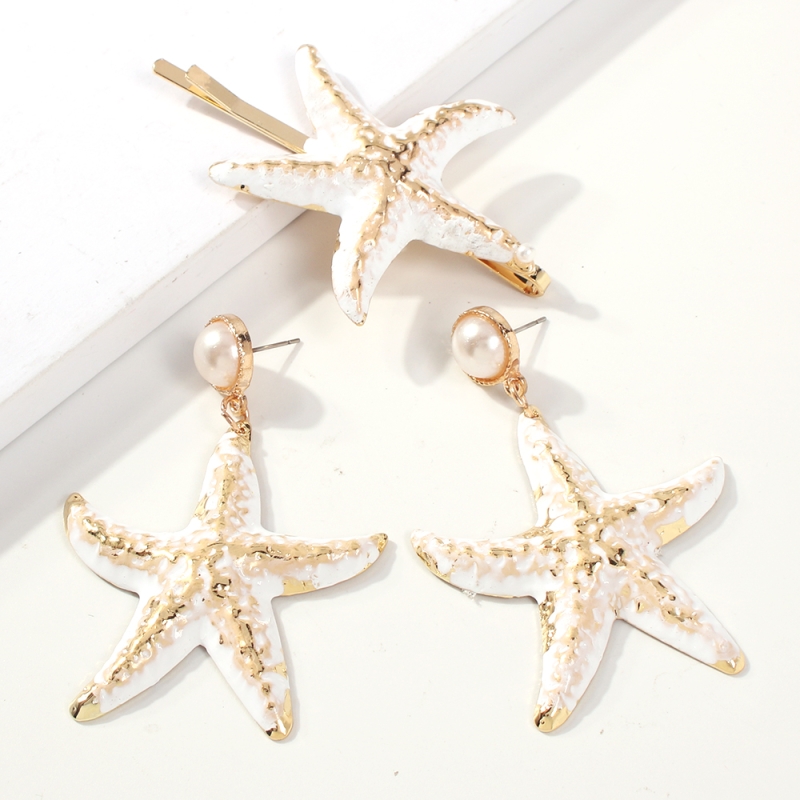 Fashion Shell Set Alloy Spray Painted Starfish Pearl Hairpin Earrings Set,Hairpins