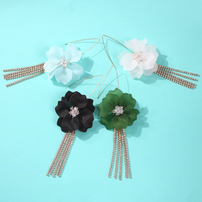 Fashion Black Resin Flower Alloy Studded Tassel Earrings,Drop Earrings