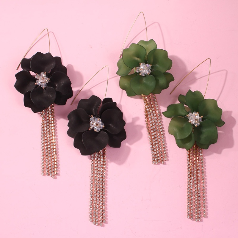 Fashion Black Resin Flower Alloy Studded Tassel Earrings,Drop Earrings