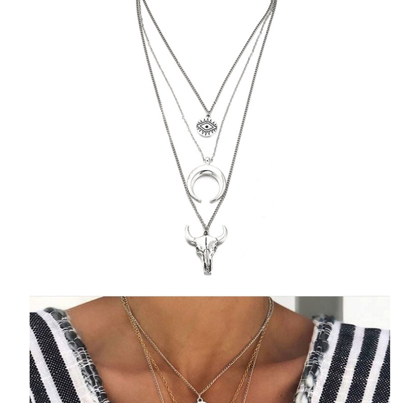 Fashion Silver Alloy Bull Head Geometric Disc Eye Horn Multilayer Necklace,Multi Strand Necklaces
