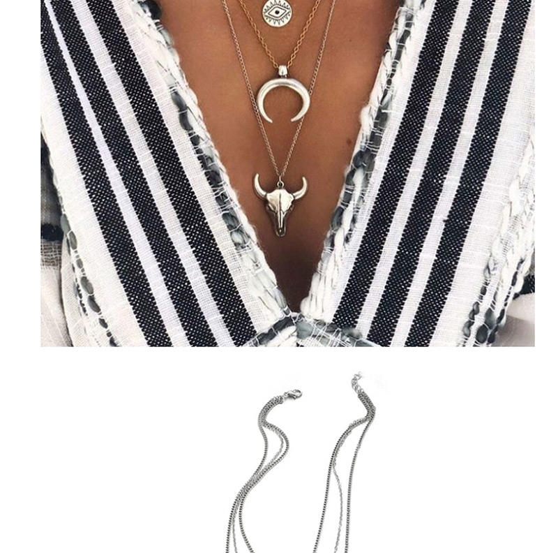 Fashion Silver Alloy Bull Head Geometric Disc Eye Horn Multilayer Necklace,Multi Strand Necklaces