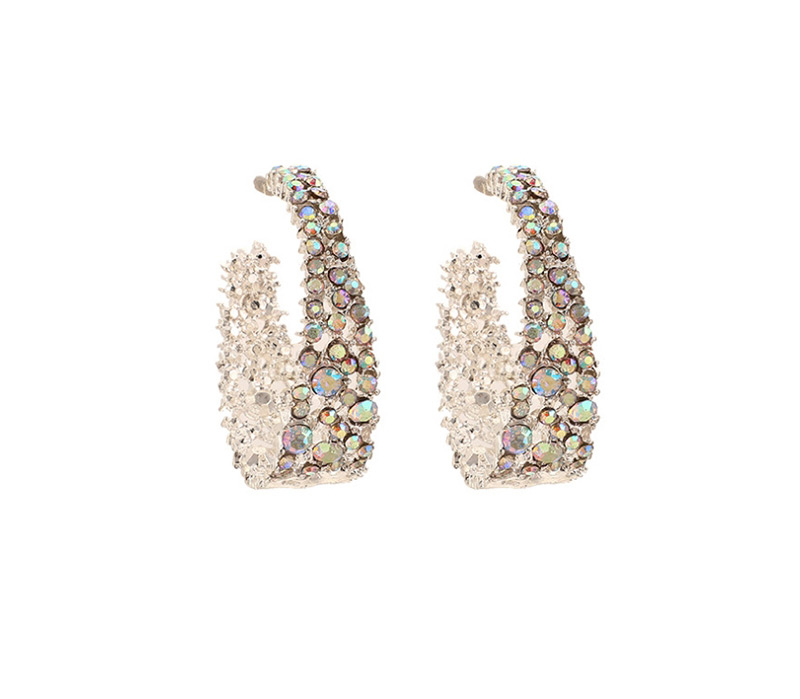 Fashion White Geometric Alloy Full Diamond U-shaped Earrings,Hoop Earrings